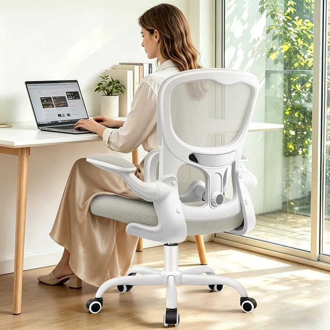 ALLGOD Ergonomic Office Chair, Breathable Mesh Ergonomic Desk Chair with Adjustable Lumbar Support, Flip-up Armrests, Computer Chairs Comfortable for Home, Office, Work, 300lbs, White, Upgrade