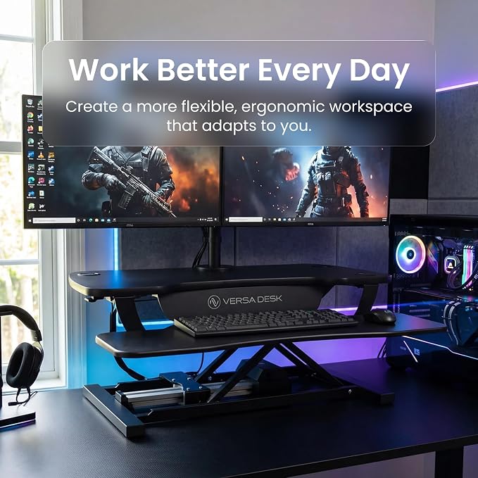 VERSADESK PowerPro 48 Inch Electric Standing Desk Converter – Push-Button Height Adjustable Sit to Stand Desk Riser for Multiple Monitors – Motorized Desktop Workstation with Wide Keyboard Tray, Black