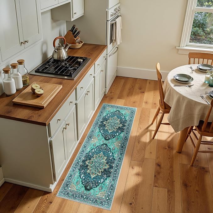 RELEANY Area Rugs Runner 2'x5' Washable Non-Slip, Floral Vintage Distress Medallion Carpet for Kitchen Hallway Bedroom Beside Laundry Room Bathroom, Teal Green Lake Blue Turquoise