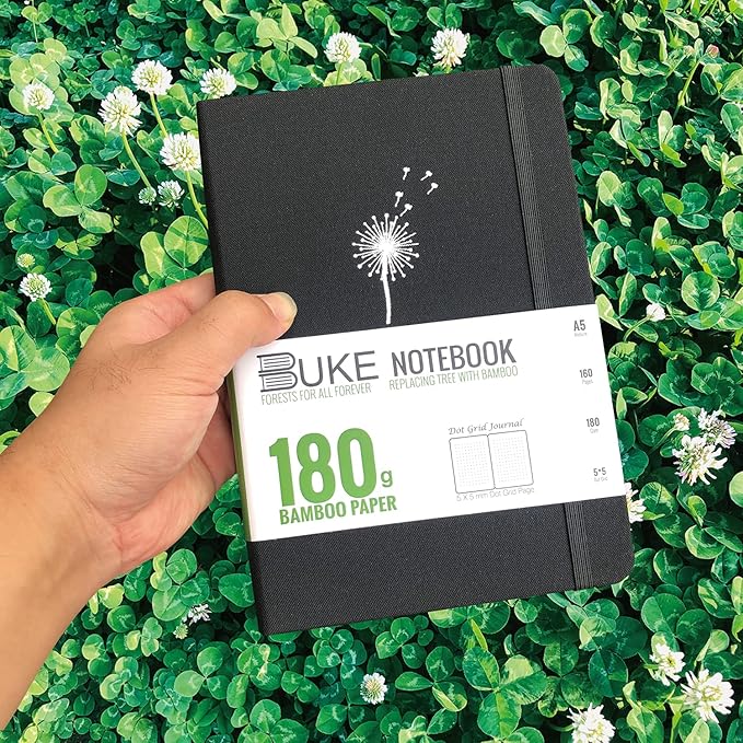 BUKE Dot Grid Notebook Dotted Journal,180Gsm Bamboo White Paper, 5 * 5MM Dots 160 Pages, Lay Flat Binding,Colored Silver Edges, Bookmarks and Expandable Back Pocket Dandelion