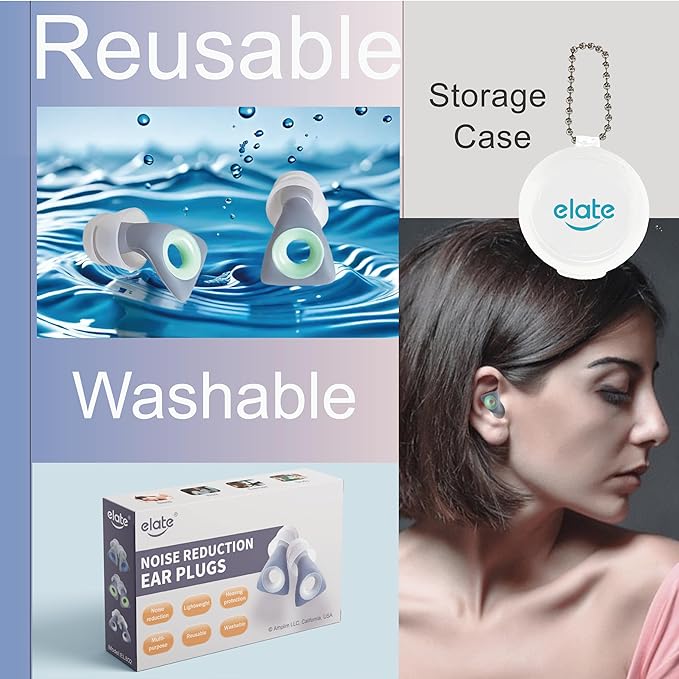 Elate Silicone Ear Plugs for Sleeping, 27dB Noise Reduction Reusable Earplugs, Soft Comfortable Ear Plugs for Snoring, Travel, Study, Concert, Swimming with Case - Grey