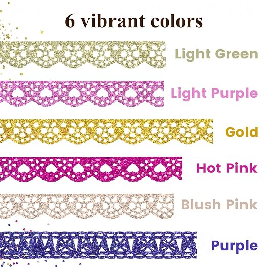 SallyFashion Decorative Washi Tape Set - 6Rolls Glitter Lace Washi Tape for Card Making Supplies, Scrapbook Craft Supplies, Aesthetic Journaling, DIY Craft Projects Gift Wrapping