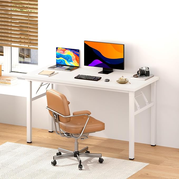 SogesHome Folding Computer Desk 54.3 Inch, No Assembly Needed Home Office Desk, Space Saving Foldable Writing Table with Adjustable Leg Pads, Compact Workstation for Apartment Dorm Study, White