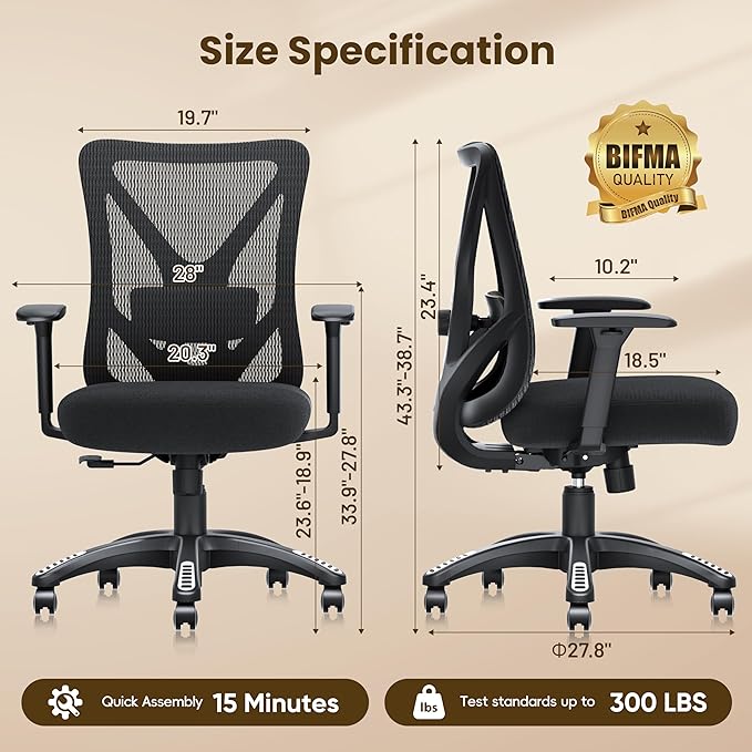 Ergonomic Office Chair, Mesh Computer Desk Chairs with Adjustable Lumbar Support, 3D Armrests, Tilt Function, Comfy Wide Seat, Executive Work Task Chair for Company and Home (Sponge Cushion)