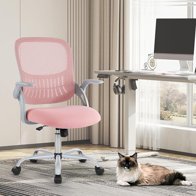 Sweetcrispy Home Office Managerial Executive Chair, Ergonomic Mesh Adjustable Swivel Mid-Back Chair with, Flip-up Arms, Comfortable Lumbar Support, Comfy Arms for Bedroom,Study,Student
