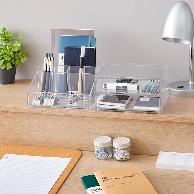 STORi Stackable Desk and Drawer Organizer, Clear Pen Pencil Makeup Brush Holder for Desktops and Vanities, 6 Compartment Caddy with 2 Wide Drawers (Made in USA)
