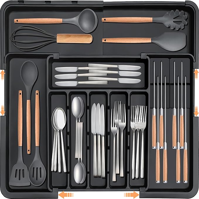 Silverware Organizer - Expandable Large Kitchen Drawer Organizer Utensil Organizer with 2 Removable Knife Blocks, 22"x 19"Cutlery Tray Drawer Dividers for Kitchen Flatware(6-9 Slots) (Black)