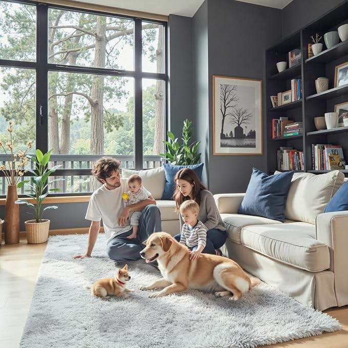 Rugs for Living Room 5x8, Alfombras para Salas Shag Large Plush Soft Area Rug, Shaggy Carpets for Bedroom,Boys Girls Home Decor Aesthetic(Light Grey Tie-Dyed, 5x8 Feet)