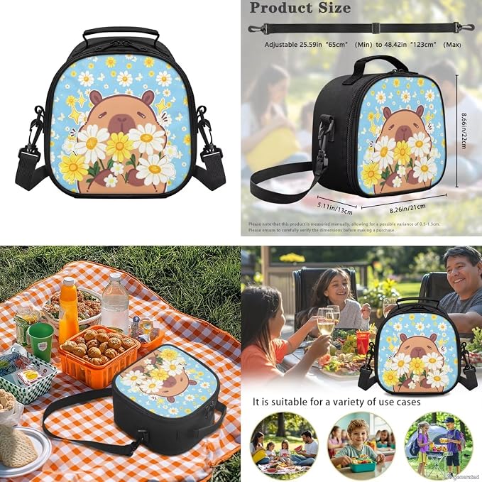 WELLFLYHOM 4 PCS Blue Daisy Floral Capybara Backpack for Girls Ages 8-12 | 4-In-1 School Bag Set with Lunchbox, Pencil Case and Water Bottle Sleeve, Ideal for Middle and High School Girls Daily Carry