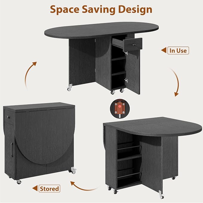 Jocoevol Round Folding Dining Table for 4, Space Saving Drop Leaf Kitchen Table with Storage Drawer, 6 Wheels Oval Gateleg Foldable Dining Table for Small Spaces(Black 47 * 23.6 * 30)