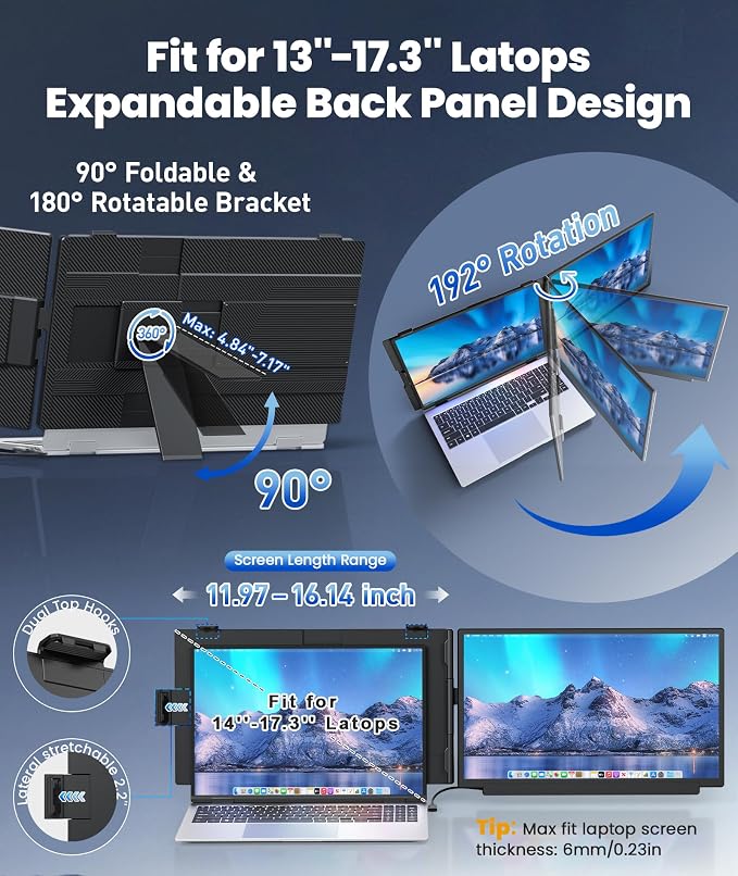 15.6" Detachable Laptop Screen Extender, Ultra-Light Portable Monitor, FHD 1080P Dual Monitor for 14"-17.3" Laptops, Plug & Play Travel Monitor, Compatible with Windows, Mac, ChromeOS, PS5