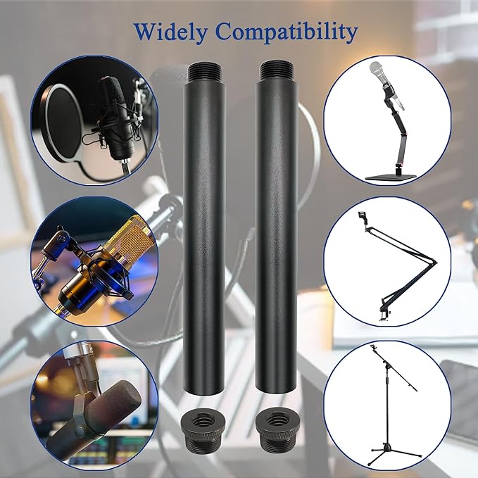 Mic Stand Extension Tube with 3/8" to 5/8" Microphone Extension Pipe Adapter for Mic Booms,Arm Stand 2 Pack