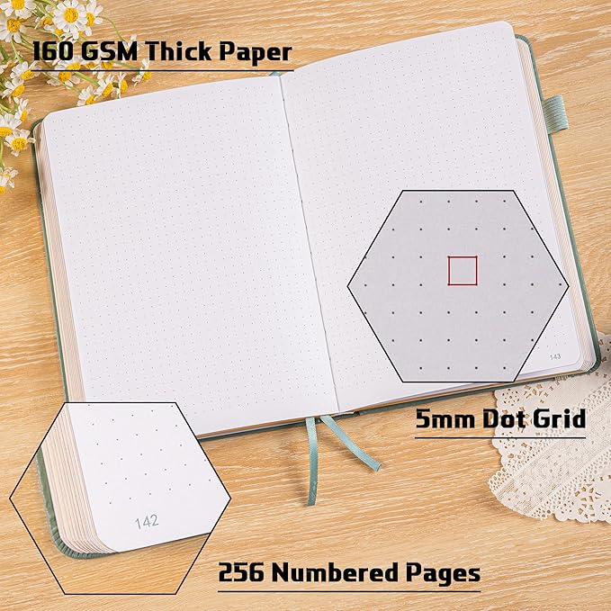 TIEFOSSI Dotted Journal Notebook, 160gsm 256 Numbered Thick Paper, A5 Hardcover Dotted Grid Diary for Women Men Work Writing, Journaling, Drawing, 5.8 x 8.3 in