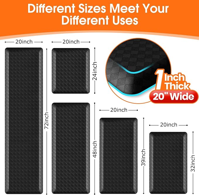 1" Thick Kitchen Mats for Floor, Water Resistant Floor Rug,Black/24" x 20" | Non-slip, Heavy Duty, Anti Fatigue Kitchen Rugs, Standing Desk Mat for Friends, Home, Office, Kitchen