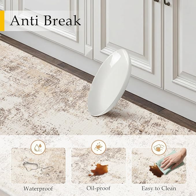 Kitchen Mats for Floor Set of 2 Anti Fatigue Waterproof Kitchen Rug Beige Grey Abstract Cushioned Non-Slip Kitchen Mats Comfort Standing Neutral Mat for Sink Laundry Office 17.3"×47"+17.3"×30"