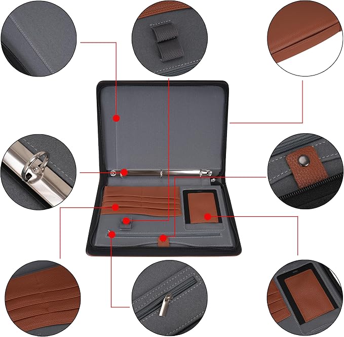 Wonderpool Travel Zippered Portfolio 3 Ring Binder A4 Padfolio Document Case with Removable Clipboard Legal Pad Holder, Business Office School Organizer for Men and Women (Brown)