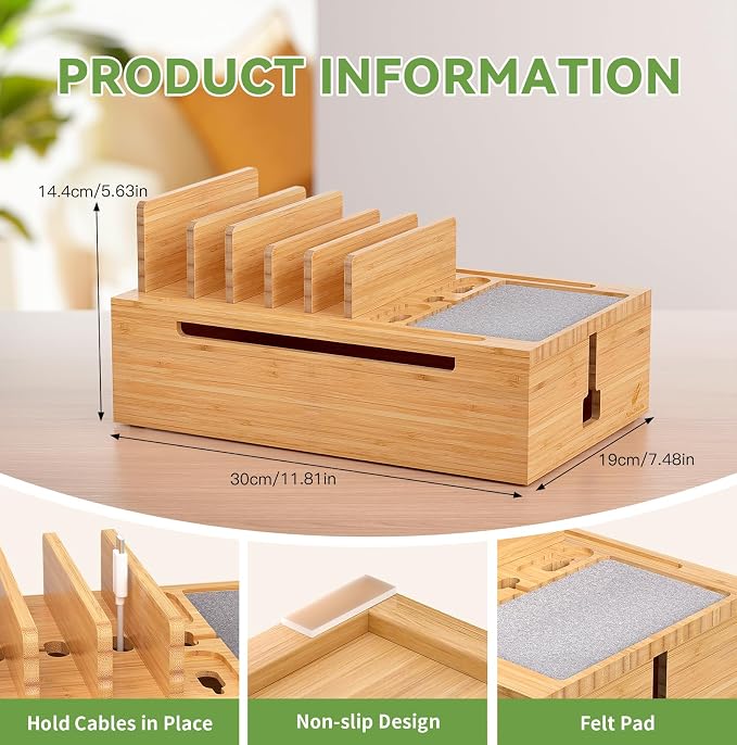 Pezin & Hulin Bamboo Charging Station-Natural, (No USB Charger and Cables) | Electronic Devices Organizer for Multiple Devices Charger Such As Cell Phone, Tablet, Watch and More