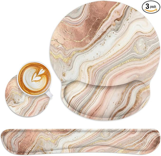 Britimes Gold Pink Marble Abstract Ergonomic Mouse Pad Set with Wrist Rest Non-Slip Rubber Base Wrist Cushion Support and Coasters Mousepad with Wrist Support for Computer Keyboard and Desk