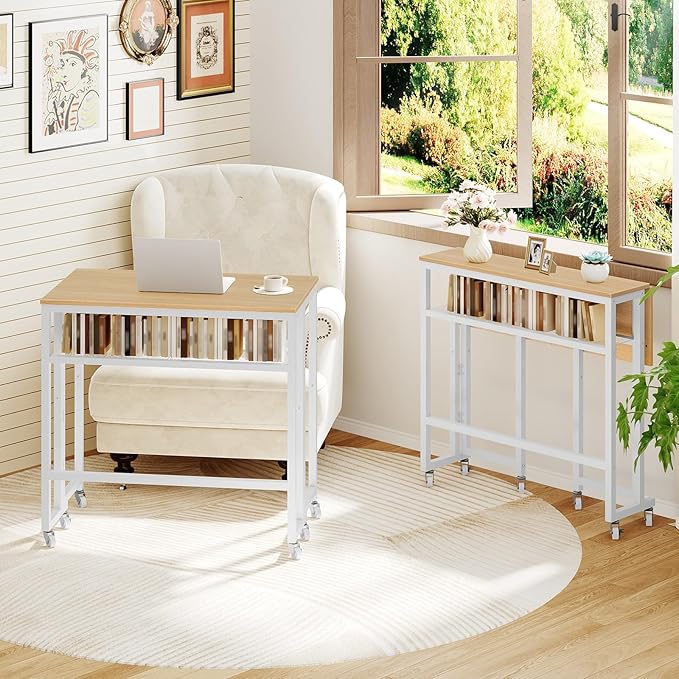Folding Computer Desk with Storage Shelf, 25.2" Rolling Folding Desk with Wheels, for Small Spaces, Living Room, Bedroom, Office, White and Natural DN08WN
