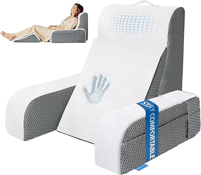 Kayfia Reading Pillow, Gel Memory Foam Back Rest Pillow, 19", White | 3 Storage Pockets, Dual-Use Back Leg Support Pillow, Detachable Armrests, Ideal for Reading, Gaming, Working on Bed & Couch