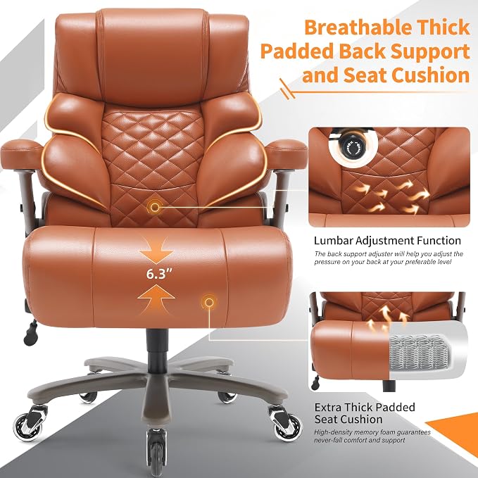 VUZI 700lbs Big and Tall Office Chair, Large Executive Leather Desk Chair | Adjustable Lumbar Support for Back Pain, Plus Size Wheels, 3D Flip Arms, Heavy Duty Metal Base, Wide Seat Computer Chair