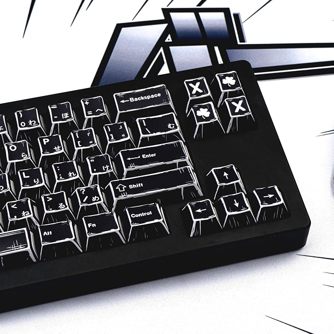 Black Japanese Manga Keycaps, Custom PBT Dye Sublimation Key caps 130 Keys, Cherry Profile Keycap Set Fit for 61/64/87/104/108 Cherry MX Switches Mechanical Keyboard