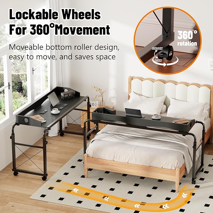 BYMECOST Laptop Desk for Bed, Adjustable Height & Length Laptop Bed Table | Overbed Table with Wheels for Queen Size Beds,Rolling Standing Desk,Over Bed Desk for Working Reading Eating