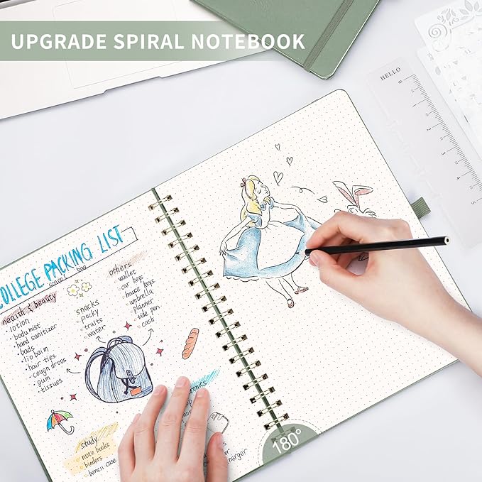 AHGXG HGXG Dotted Journal Spiral Notebook, Large B5 Dotted Notebook 140 Pages, Leather Hardcover, 100 GSM Thick Dot Grid Paper, Inner Pocket, for Dotted Journaling, 7.6" x 10", Sage Green
