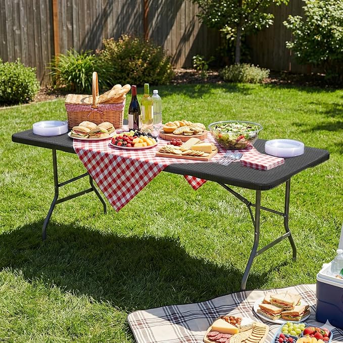 FDW 6FT Plastic Folding Table, Portable with Carrying Handle Perfect for Indoor, Outdoor, Party, Dining, Wedding, Events, Camping, Black Ratten