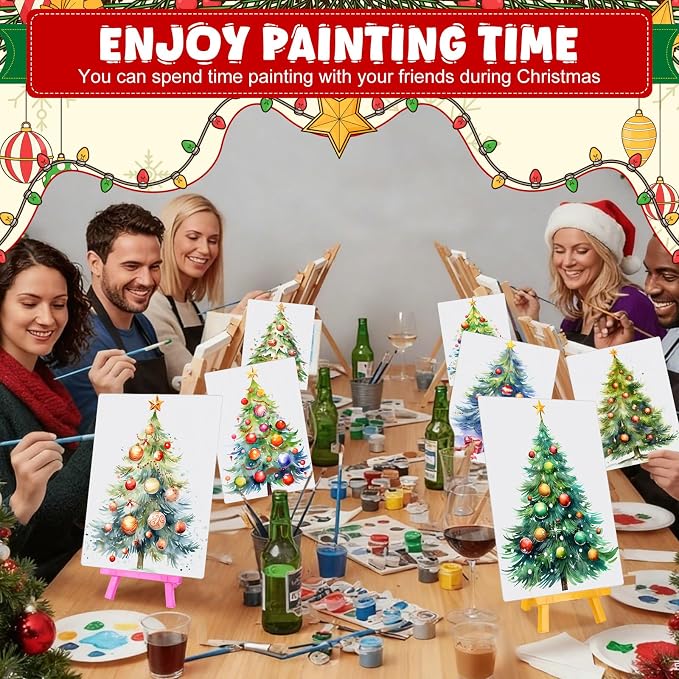 Blosssound 10 Set Pre Printed Canvas Pre Drawn Canvas Painting with Easel Kits 5" x 7" Outline Painting Panels for Beginners, DIY Craft Project, Party Favor, Home Decors (Christmas Tree)