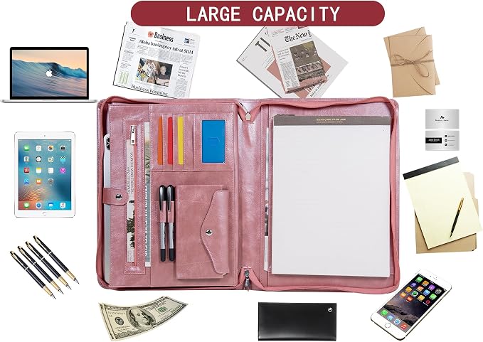 AZXCG Portfolio Binder, Pink Padfolio with Handle and Zipper,Leather Padfolio for Women,Professional Business Portfolio Organizer,A4 Notepad Holder, Gift for Valentine's Day,Girls and Women,
