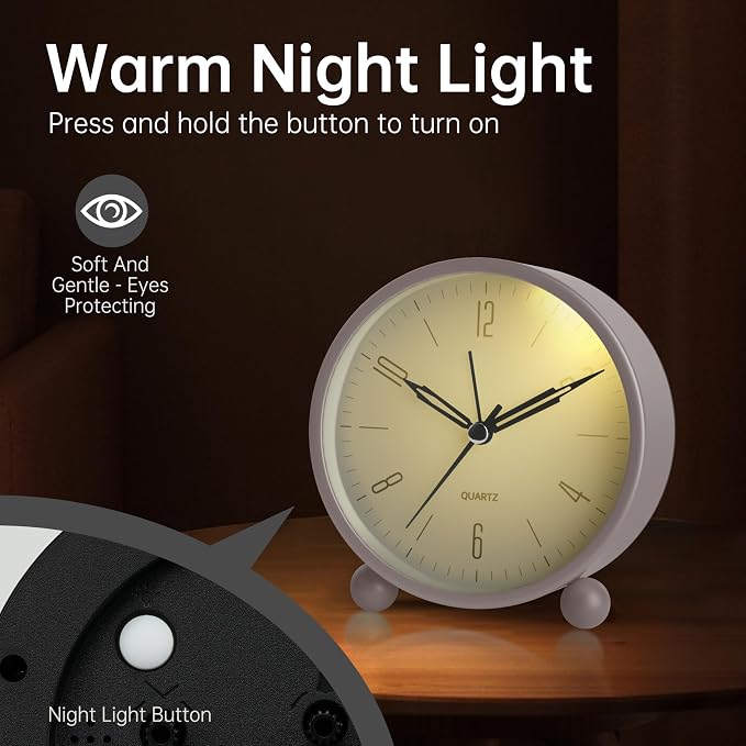 JALL Analog Alarm Clock, 4 inch Super Silent Non Ticking Small Clock with Night Light, Battery Operated, Simple Design, Old Fashioned Style Cream Decor, for Bedroom, Bedside, Desk, Adult, Gift, White