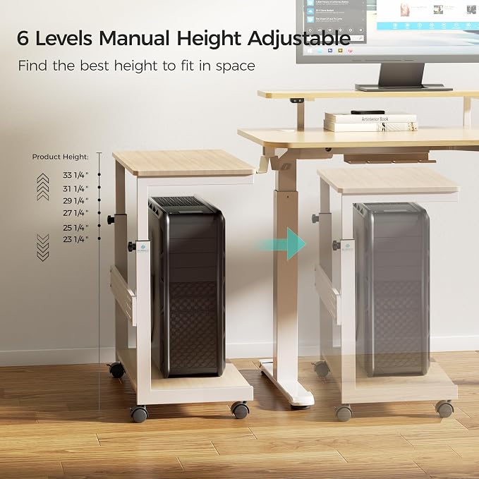 EUREKA ERGONOMIC PC Stand Computer Cart, Height Adjustable Tower Stand 2-Tier Suit for ATX Case Printer, Metal Rolling Cart on Wheels for Gaming Home Office, Maple
