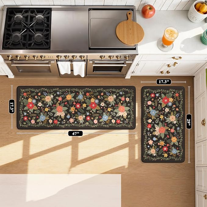 KIMODE Kitchen Mats Cushioned Anti Fatigue,Black Floral Kitchen Rugs Set | Padded Kitchen Floor Mats Non Slip,Comfort Kitchen Rugs Sets of 2,Foam Standing Mats for Bath Laundry Office 17"x47"+17"x29"