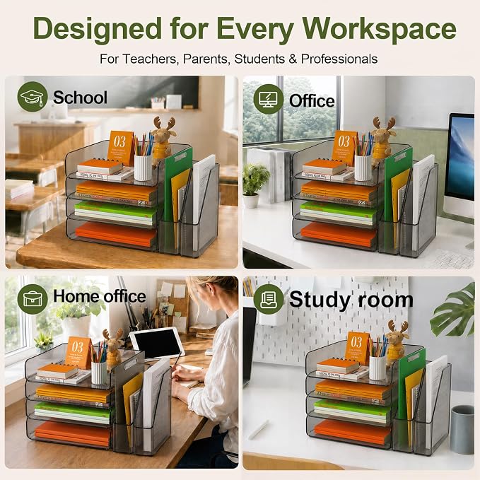 FANXIYQ 4-Tier Brown Acrylic Paper Tray Organizer with 2 Bookends | Tool-Free Stackable 1-4 Tier Design with 2 Bookends for Files, Folders and A4 Paper; For School, Home Office and Study Room