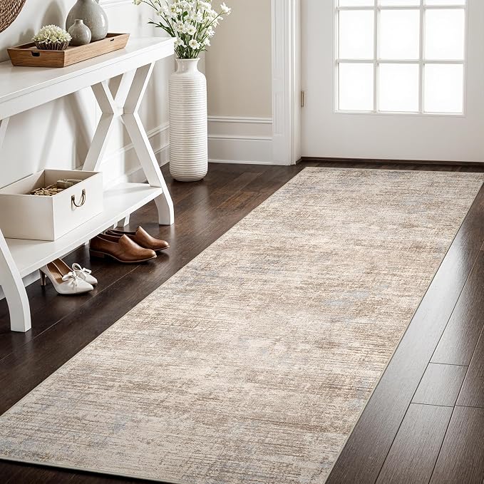 2x5 Hallway Washable Runner Rug - Non-Slip Kitchen Rugs with Rubber Backing Abstract Neutral Low-Pile Carpet Runners for Laundry Room Home Decor Bedroom Bathroom Entryway (Ivory Beige Distressed,2x5)