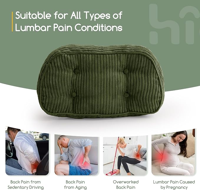HIGOGOGO Lumbar Support Pillow for Recliner Chair/Accent Chair/Couch/Office Chair, Tufted Corduroy Back Support Cushion for Elderly, Recliner Cushions for Back Rest, Pain Relief, Reading, Dark Green