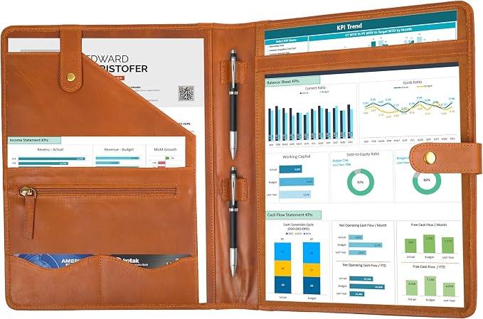 Leather Resume Portfolio Folder for Interview, Professional Padfolio Organizer Binder A4, Graduation & New Job Gift for Men Women – Tan