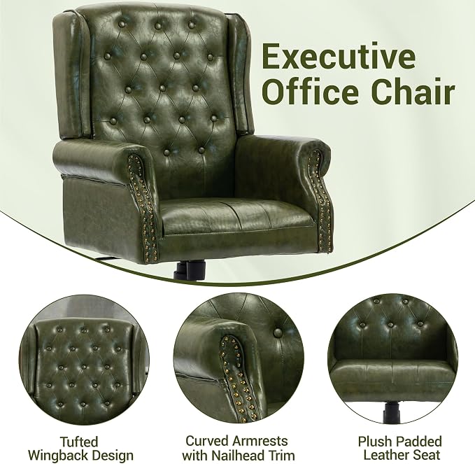Vintage High Back Wingback Executive Office Chair, Green | Home Desk Chairs with Tufted Nailhead Trim & PU Faux Leather, Heavy Duty Adjustable Rocking Computer Chair for Gaming