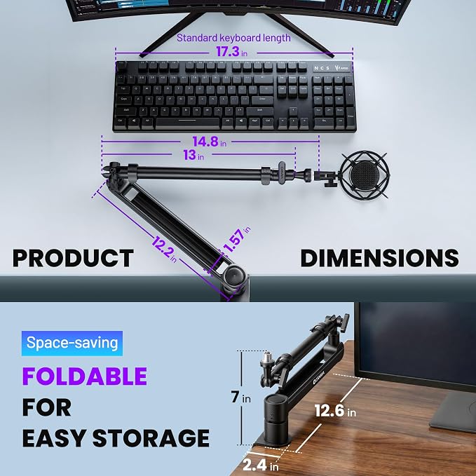 CAHAYA Desk Mount Mic Arm, Low Profile Boom Stand for Streaming, Black | Supports Mics Up to 5.5lb for Podcasting Recording Meetings Compatible with Shure SM7B, BlueYeti, FIFINE, HyperX QuadCast