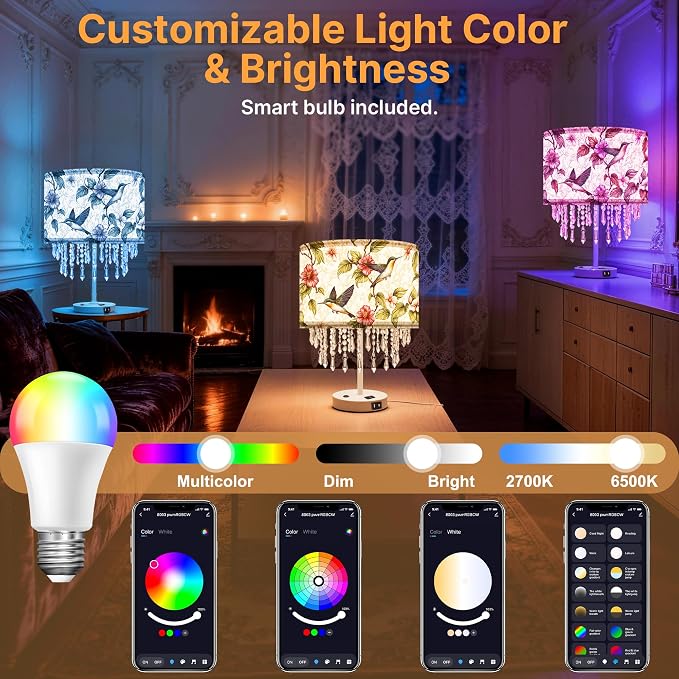Smart Table Lamp with Hummingbird Fabric Shade & Acrylic Droplets, Dimmable E26 LED Bulb Included, Bedside Desk Lamp with USB C & AC Outlet , App & Voice Control, Works with Alexa & Google Assistant