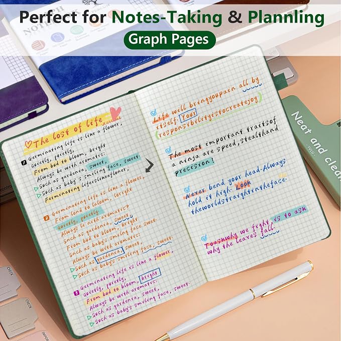 PERCUN A5 Hardcover Graph Paper Notebook, 5.9”x8.5” Leather Journal for Women & Men, 160 Pages Grid Paper Composition Notebook for Work, School, Math, Quad Ruled Writing Journals,Graphing (Green)