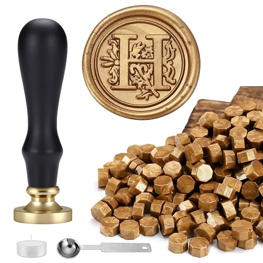 Yoption Traditional Initial Alphabet Wax Seal Stamp with 120 Antique Gold Wax Seal Beads Kit for Wedding Engagement Party Invitation Envelope Christmas Gift Wrap - Letter H