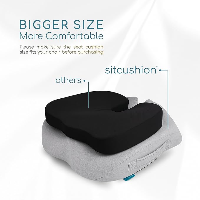 SitCushion Extra Large Memory Foam Seat Cushions for Office Chairs, Pressure Relief Seat Cushion for Tailbone Pain Relief, Sciatica & Back Pain, Ergonomic Office Chair Cushion for Long Sitting (Black)