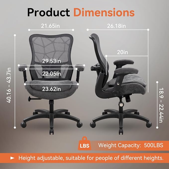 Office Chair 500lbs Big and Tall Ergonomic Mesh Desk Chair Heavy Duty with 24" Extra Wide Seat Adjustable Lumbar Support & Flip-Up Arms for Large Body Types (Dark Gray)