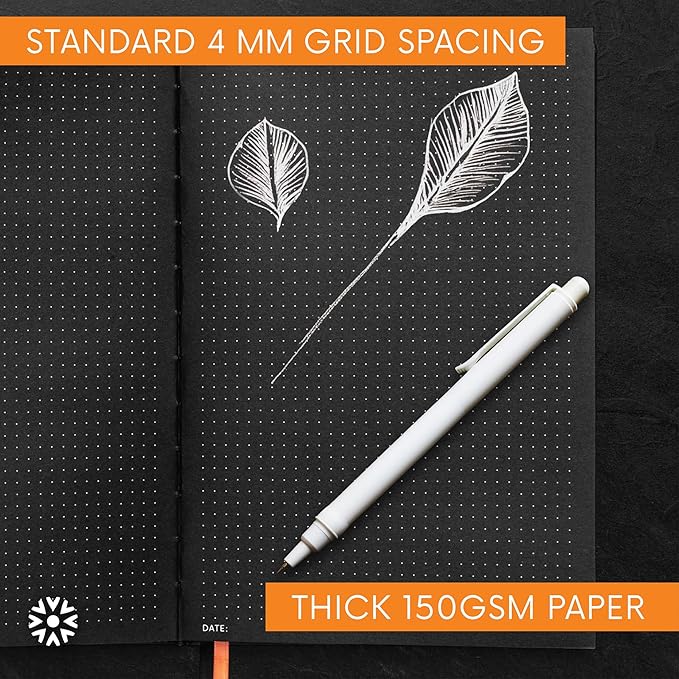 Notsu Pitch Black Paper Notebook A5 Dotted Journal | Minimalist Bullet Dot Grids with 160 Black Pages of Premium Thick 150gsm Paper, Vegan Leather Hardcovers