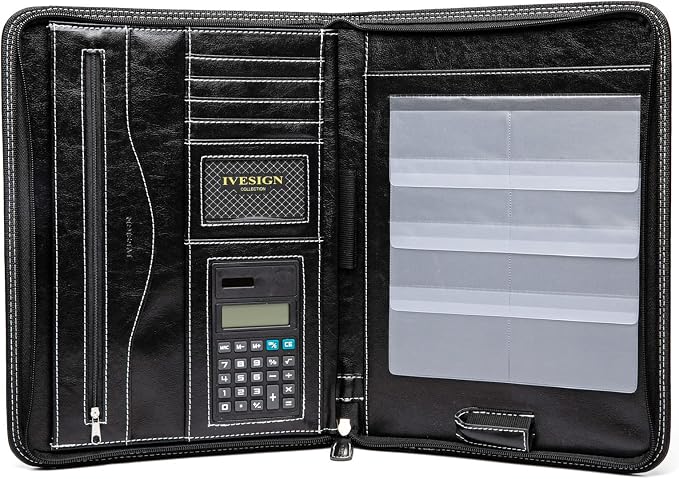 Faux Leather Portfolio Padfolio Organizer with Calculator, Writing Pad, Zipper Closure, Tablet Sleeve, Clipboard with Storage, Document Organizer, Business Card Holder, Note Pads-Black