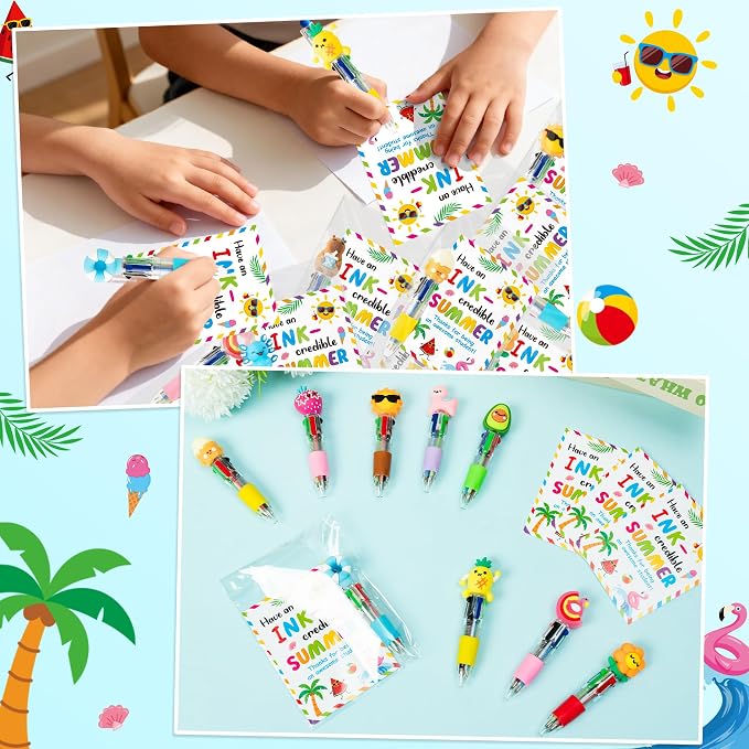 ANGOLIO End of Year Student Gifts Bulk 28 Sets Cute Summer 4 in 1 Multicolor Ballpoint Pens with Gift Cards for Summer Graduation Birthday Party Favors School Classroom Supplies Kids Students Rewards