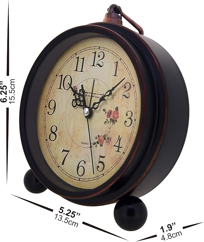 Vintage Analog Alarm Clock, Flower, 5.25 inch Small Silent | Desk Clock, Night Light, Battery Operated, For Table, Bedroom, Bedside, Living Room