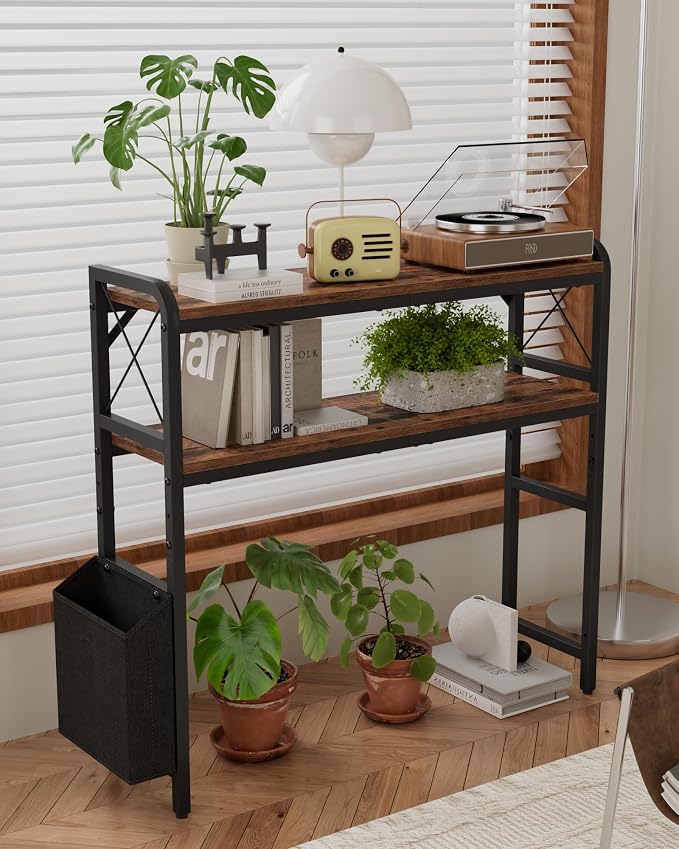 Desk Hutch Dorm with Adjustable Shelves and Side Pockets | 2-Tier Desktop Bookshelf Organizer, Monitor Stand, Large-Capacity Display Shelf Rack for Home Office or Study, Rustic Brown